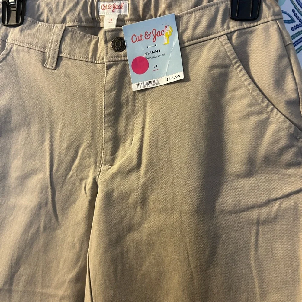 Cat & Jack Khaki Casual Pants w/Flat Front and Elastic Side Bands, NWT Zipper - Picture 2 of 8